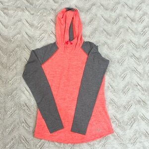 Under Armour Coral & Gray lightweight Long Sleeve hooded activewear top small